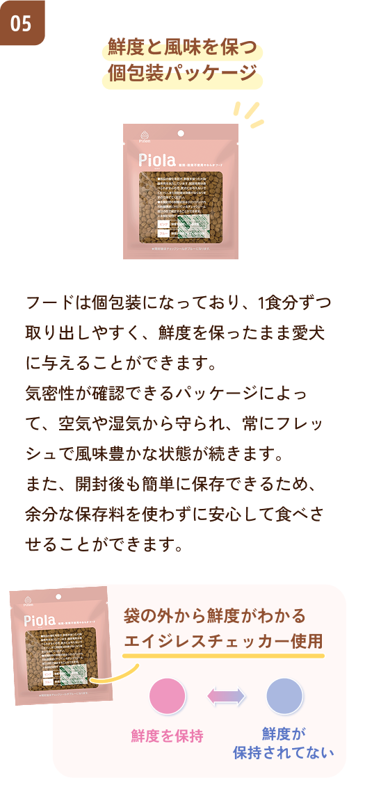 鮮度と風味を保つ個包装パッケージ　フードは個包装になっており、1食分ずつ取り出しやすく、鮮度を保ったまま愛犬に与えることができます。